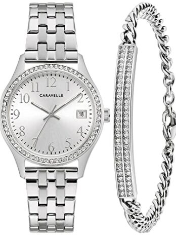 Caravelle by Bulova レディースクラシッククリスタルアクセントウォッチとブレスレットギフトセット、3針日付クォーツ。, ステンレススチール, クラシックなクリスタルボックスセット。