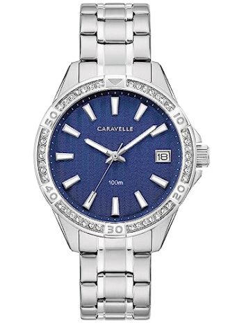 Caravelle レディース スポーツ Aqualuxx クリスタルウォッチ, ゴールドトーンのステンレススチール/ブラックの文字盤。, Sport Aqualuxx