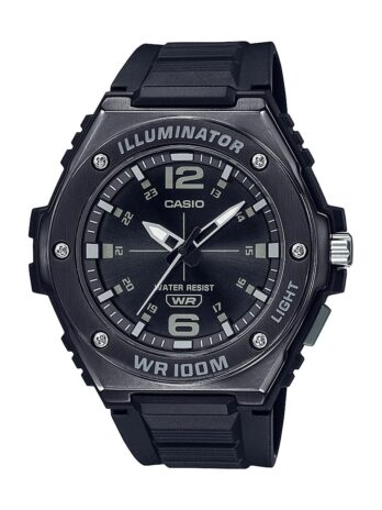 Casio Illuminator 3年バッテリーブラック樹脂バンド ステンレススチールベゼル メンズ腕時計 MWA-100HB-1AV、ブラック, ブラック, スポーツ。
