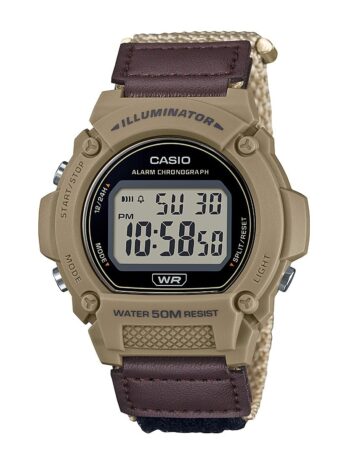 Casio W219Hシリーズ | メンズデジタルウォッチ | 50M WR | LEDイルミネーター | 100 SECクロノグラフ | 1/100 SECストップウォッチ | デイリーアラーム | 毎時時報 | オートカレンダー | 7年バッテリー, タン/ブラウン, W-219HB-5A。