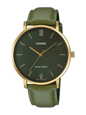 Casio MTP-VT01GL-3B Men’s Minimalistic Gold Tone Green Leather Band Green Dial 3-Hand Analog Watch
