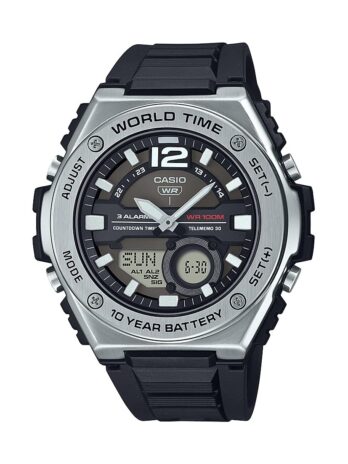Casio MWQ100シリーズ | メンズデジタルウォッチ | 100M WR | ステンレススチール | ワールドタイム | カウントダウンタイマー | オートカレンダー | テレメモ | マルチアラーム | 100 SECクロノグラフ | 10年バッテリー, シルバー/ブラック, MWQ-100-1A。
