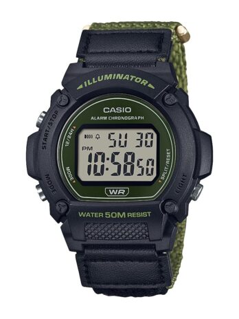 Casio W219Hシリーズ | メンズデジタルウォッチ | 50M WR | LEDイルミネーター | 100 SECクロノグラフ | 1/100 SECストップウォッチ | デイリーアラーム | 毎時時報 | オートカレンダー | 7年バッテリー, ブラック/グリーン, W-219HB-3ACF。