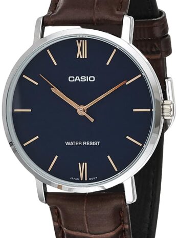 Casio MTP-VT01L-2B メンズ ミニマルブルーダイヤル ブラウンレザーバンド アナログ腕時計, シルバー, OneSize, アナログ腕時計、クォーツムーブメント。