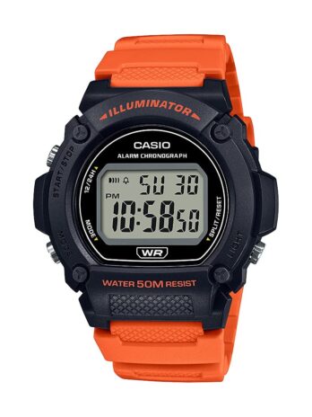 Casio W219Hシリーズ | メンズデジタルウォッチ | ブラック/オレンジ | 50M WR | LEDイルミネーター | 100 SECクロノグラフ | 1/100 SECストップウォッチ | デイリーアラーム | 毎時時報 | オートカレンダー | 7年バッテリー, ブラック/オレンジ, W-219H-4A。