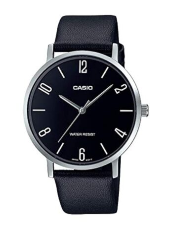 Casio MTP-VT01L-1B2 メンズ ミニマルブラックダイヤル ブラックレザーバンド アナログ腕時計, ホワイト, アナログ腕時計、クォーツムーブメント。