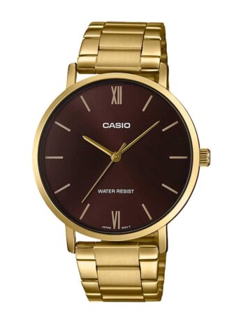 Casio MTP-VT01G-5B Men’s Gold Tone Stainless Steel Minimalistic Burgundy Dial 3-Hand Analog Watch