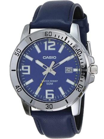 Casio MTP-VD01L-2BV メンズ エンティサー ブルーレザーバンド ブルーダイヤル カジュアルアナログスポーティウォッチ