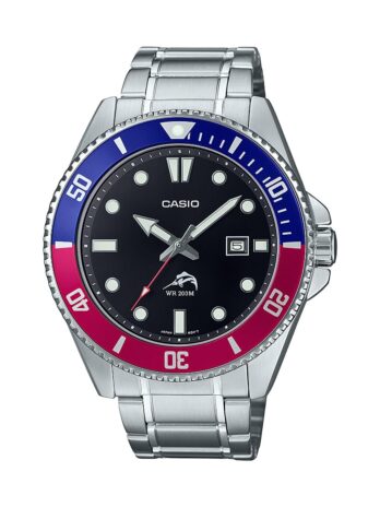 Casio MDV106シリーズ | ユニアナログ腕時計 | 200M WR | ステンレススチールケース | 樹脂バンド | 2針アナログ (HR, Min, SEC) | 日付表示 | ねじ込み式リューズ/スクリューダウンケースバック | 3年間のバッテリー。, ブルー/レッド/シルバー。, ステンレススチールブレスレット。