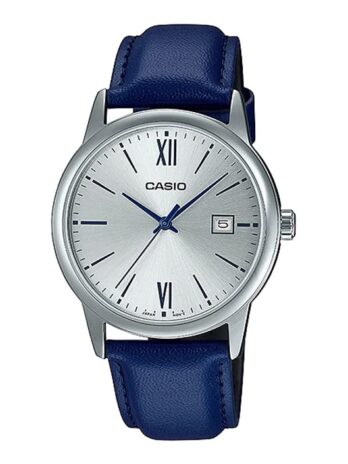 Casio MTP-V002L-2B3 メンズ スタンダードドレスアナログブルーレザーバンド シルバーダイヤル 日付表示 腕時計, クォーツムーブメント。