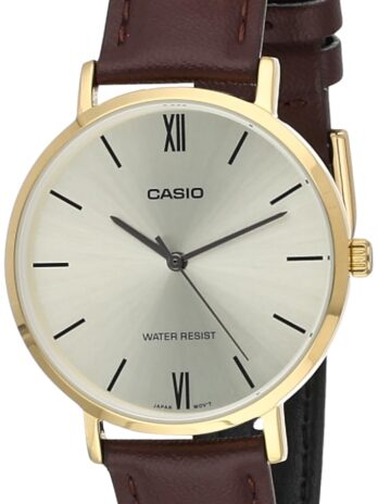 Casio LTP-VT01GL-9B レディース ミニマリスティックゴールドトーンブラウンレザーバンド ゴールドダイヤル 3針アナログ腕時計