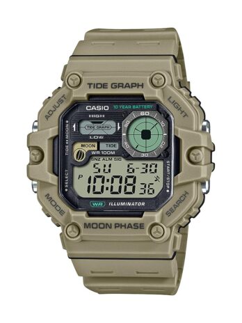 カシオ イルミネータータイドグラフ ムーンフェイズ 10年バッテリーデジタル腕時計 WS-1700H-5AV, ベージュ, モダン