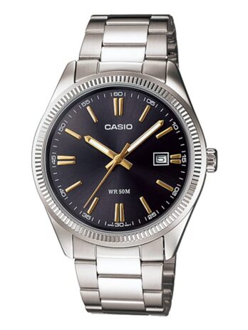 Casio LTP1302D-1A2V レディース Enticer 溝付きベゼル ステンレススチール ブラックダイヤル 3針アナログ腕時計, アナログ時計、クォーツムーブメント。