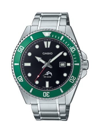 Casioカシオ メンズ クラシック ダイブスタイル 腕時計 200 M WR、スクリューダウンクラウンとケースバック MDV106シリーズ, グリーン/シルバー, ステンレススチールブレスレット。, MDV-106DD-1A3VCF