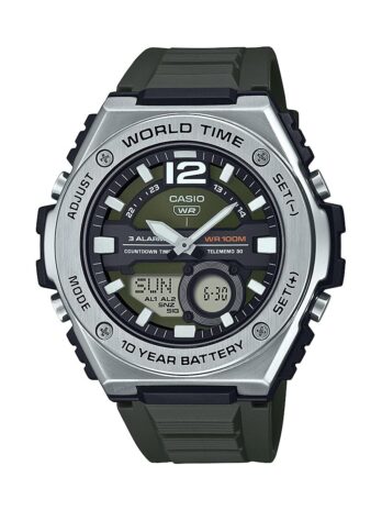 Casio MWQ100シリーズ | メンズデジタルウォッチ | 100M WR | ステンレススチール | ワールドタイム | カウントダウンタイマー | オートカレンダー | テレメモ | マルチアラーム | 100 SECクロノグラフ | 10年バッテリー, シルバー/グリーン, MWQ-100-3AV。