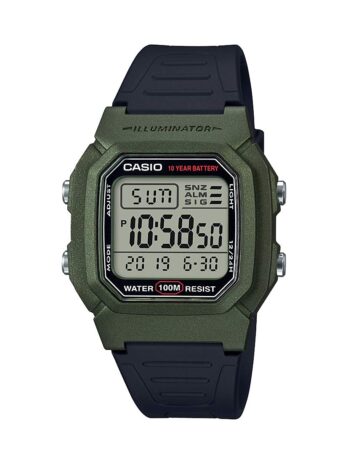 Casio W800HGシリーズ | メンズデジタルウォッチ | 100メートル防水 | 多機能アラーム | 100SEC ストップウォッチ | オートカレンダー | カウントダウンタイマー | LEDライト | デュアルタイム | 10年バッテリー, グリーン/ブラック, W-800HM-3AVCF。