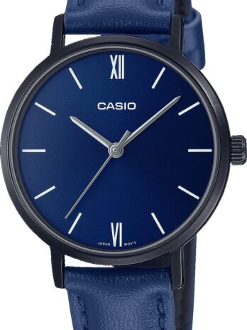 Casio LTP-VT02BL-2A レディース ミニマルブラックIPブルーダイヤル レザーバンド 3針アナログ腕時計, ストラップ