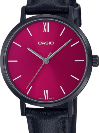 Casio LTP-VT02BL-4A レディース ミニマリスト ブラック IP レッドダイヤル レザーバンド 3針アナログ腕時計, アナログ時計、クォーツムーブメント。