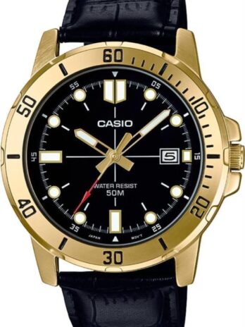 Casio MTP-VD01GL-1EV メンズ エンティカー ゴールドトーン レザーバンド ブラックダイヤル カジュアル アナログ スポーティ 腕時計