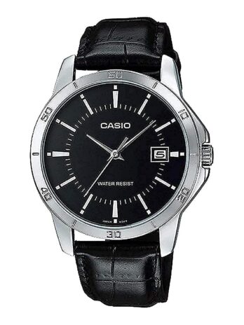 Casio MTP-V004L-1A Men’s Stainless Steel Leather Band Black Dial Date Watch
