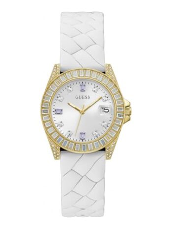GUESS レディース 34mm 腕時計, ホワイト/ゴールドトーン/ホワイト。, モダン