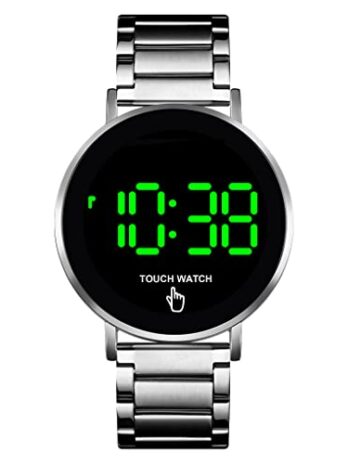 タッチスクリーン デジタル LED 防水 メンズ レディース スポーツ カジュアル ステンレススチール 腕時計 デニムブルー