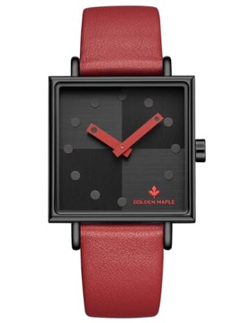 GOLDEN MAPLE レディースウォッチ スイスクォーツムーブメント ウォッチ 女性用 スクエアウォッチ – ルービックキューブシリーズ, レッド/ブラック, ストラップ