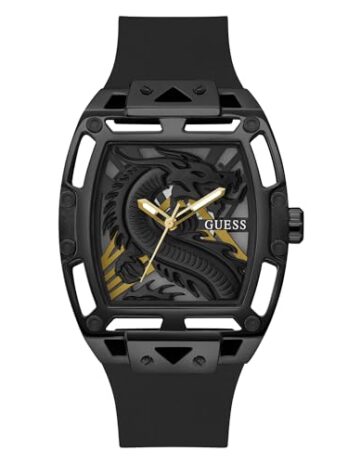 GUESS メンズ 44mm 腕時計 – ブラックストラップ ブラックダイヤル ブラックケース, ブラック/ブラック/ゴールド。, クラシック