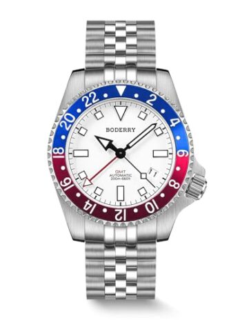 BODERRY メンズウォッチ チタン 自動 200m 防水 ダイバーウォッチ GMT自動巻きムーブメントとチタンブレスレット付き アドミラル, ホワイト, モダン