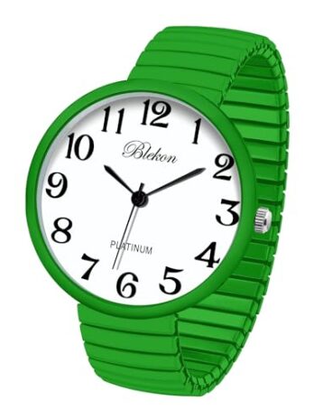 Blekon Collections スーパーラージフェイス ストレッチバンド 日本製ムーブメント PC21J ファッションウォッチ, グリーン, 大きな顔。