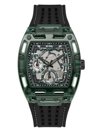 GUESS メンズ 41mm 腕時計 – ブラックストラップ ブラックダイヤル グリーンケース、ブラック、モダン, ブラック///ホワイト, モダン