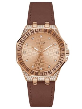 GUESS レディース 38mm 腕時計 – ブラウンストラップ ローズゴールド文字盤 ローズゴールドトーンケース, ブラウン/ローズゴールドトーン/ローズゴールド, GW0547L2。