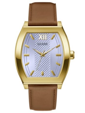 GUESS メンズ 42mm 腕時計 – ブラウンストラップ ブルーダイヤル ゴールドトーンケース, ブラウン, ストラップ