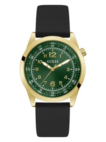 GUESS メンズ 42mm 腕時計, ブラック/ゴールドトーン/グリーン, クラシック