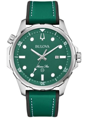 Bulova メンズ マリンスター クォーツ シルバー ステンレススチールウォッチ レザーとシリコンストラップ 100m防水 43mm, グリーン, マリンスターシリーズBクォーツシルバートーンステンレススチールストラップ0