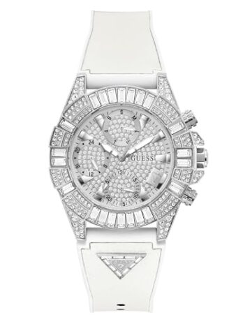 GUESS レディース 39mm 腕時計 – ホワイトシャンパン文字盤 シルバートーンケース, ホワイト, ICONIC 40TH。