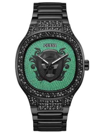 GUESS メンズ 45mm 腕時計 – ブラックストラップ グリーンダイヤル ブラックケース, ブラック