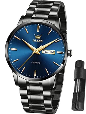 OLEVS メンズ腕時計 曜日と日付表示 防水 アナログクォーツウォッチ ステンレススチール メンズ クラシック ドレスウォッチ ローマ腕時計 Round メンズ腕時計 – ブラックスチールバンド ブルーフェイス