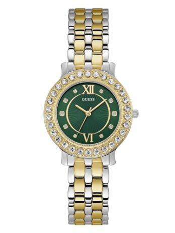 GUESS レディース 34mm 腕時計 – ツートーンブレスレット グリーンダイヤル ツートーンケース, ツートーン