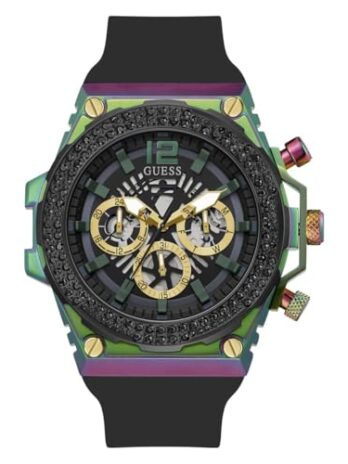 GUESS メンズ 48mm 腕時計 – ブラックストラップ ブラックダイヤル マルチカラーケース, ブラック, one, クラシック