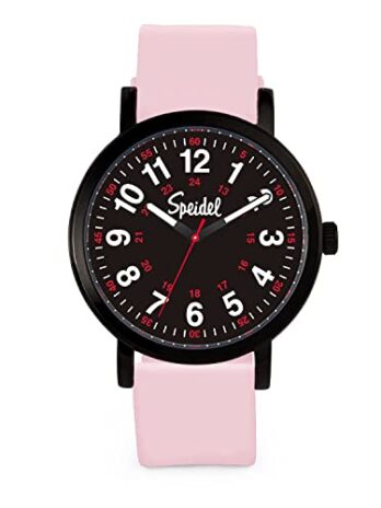 Speidel オリジナルスクラブウォッチ – 医療スクラブカラー 読みやすい文字盤 秒針 防水 ライトピンクにブラックの文字盤。