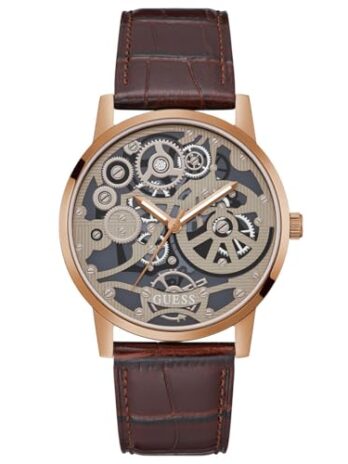 GUESS メンズ 42mm 腕時計 ブラウンストラップ スケルトンダイヤル コーヒーケース, ブラウン