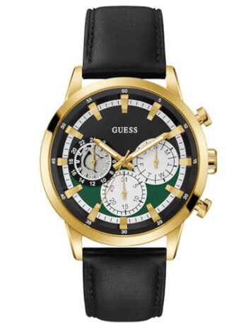GUESS メンズ 44mm 腕時計 – ブラックストラップ ブラックグリーンダイヤル ゴールドトーンケース, ブラック, one
