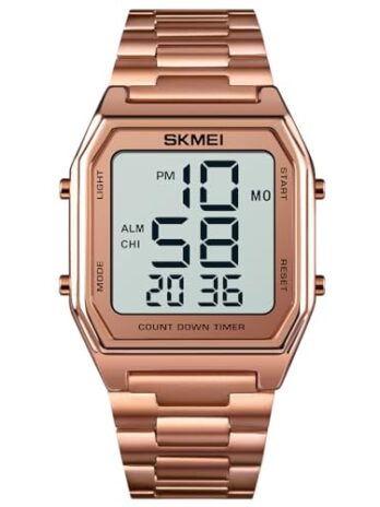 Gosasa クラシック ユニ レディース メンズ デジタル 多機能 スポーツウォッチ ステンレススチール バンド スクエア 防水 電子 LED 腕時計, D ローズゴールド, デジタル。