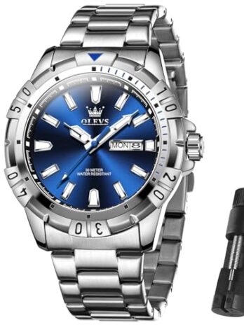 OLEVS メンズウォッチ ビッグダイヤルウォッチ メンズステンレススチールウォッチ デイ防水 アナログ クォーツウォッチ 男性用 クラシック ビジネス 腕時計 ラグジュアリー 夜光ラウンド 男性用 回転可能なベゼルウォッチ, シルバーバンドブルーフェイス-5560G, Round, メンズビジネス腕時計。