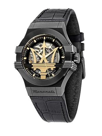 【公式正規品】マセラティポテンザ42 mm黒ドクロ文字盤トライデントマーク付きメンズ自動時計R8821108036、発光ポインター、10 ATM防水[2年保証]