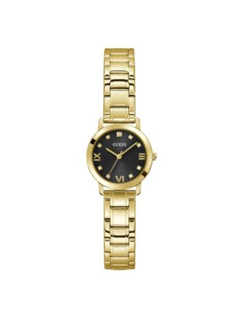 GUESS US レディース ゴールドトーンとブラックアナログウォッチ, ゴールドトーン/ゴールドトーン/ブラック。, メロディ。