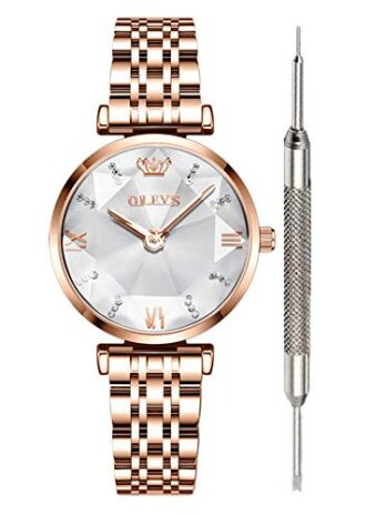 OLEVS プリズムダイヤモンドウォッチ ファッション ラグジュアリー 腕時計 女性用 上質のスチールアナログクォーツウォッチ ホワイトフェイス, ホワイトフェイス, ブレスレット