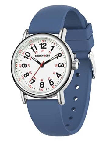 GOLDEN HOUR Waterproof Nurse Watch for Medical Professionals, Students Women Men – Various Scrub Colors, Luminouse Easy Read Dial, 24 Hour with Second Hand, Silicone Band