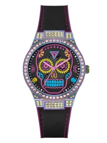 GUESS レディース 39mm 腕時計 – マルチカラーストラップ ブラックダイヤル 虹色ケース, マルチカラー, クラシック